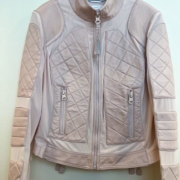 Blanc Noir Light Pink Leather Mesh Bohemian Lace Up Back Full Zip Moto Jacket L - Picture 7 of 14